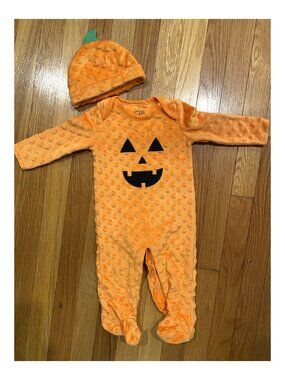 Chick Pea Baby Pumpkin Costume 6-9 Months Jack-o'-Lantern Footed Onesie and Hat
